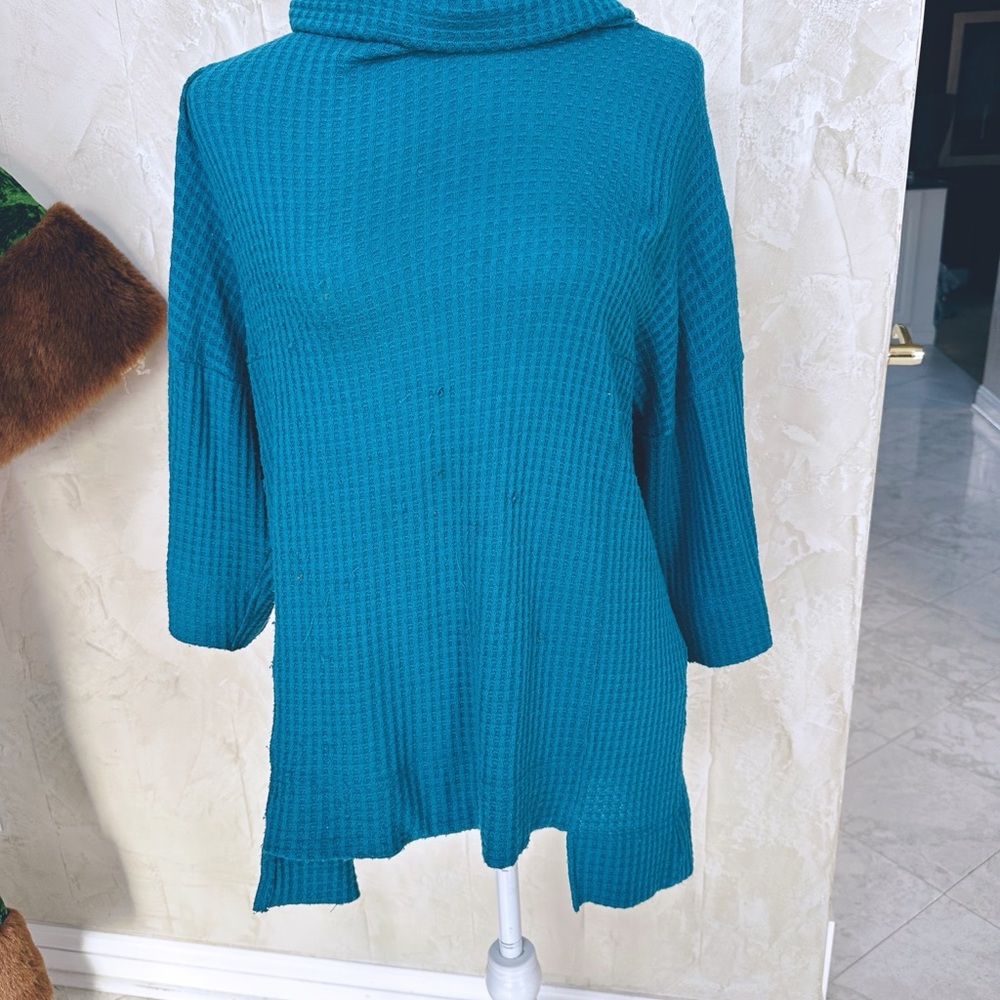 Sympli Blue Cowl Neck Sweater with Ribbed Knit and Relaxed Fit